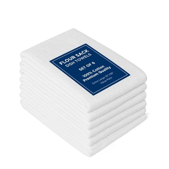 ROYALE LINENS Flour Sack Dish Towels - Kitchen Towel - Super Absorbent Flour Sack -100% Ring Spun Cotton -Tea Towels - for Embroidery, Cloth Diapers, Cheese Strainers (White - 33" X 38" Pack of 6)