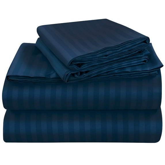 ROYALE LINENS Striped Bed Sheet Set - Brushed Microfiber 1800 Bedding - 1 Fitted Sheet, 1 Flat Sheet, 1 Pillowcase - Wrinkle Resistant - 3 Piece Damask Stripe Bed Sheet Set (Stripe Navy, Twin XL)