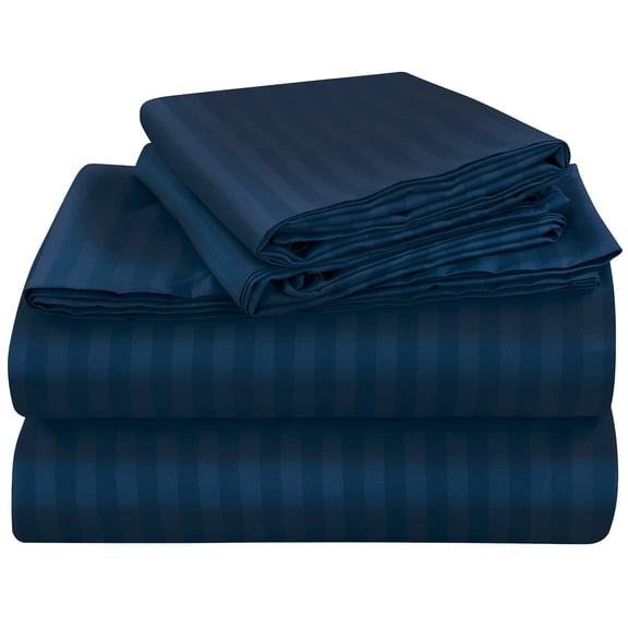 ROYALE LINENS Striped Bed Sheet Set - Brushed Microfiber 1800 Bedding - 1 Fitted Sheet, 1 Flat Sheet, 2 Pillowcase - Wrinkle & Fade Resistant - 4 Piece Damask Stripe Sheet Set (Stripe Navy, Full)