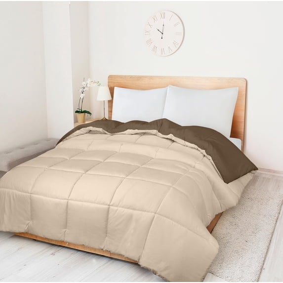 ROYALE Queen Comforter - All Season Down Alternative Bedding Comforters - Lightweight Quilted Comforter with Corner Tabs- Luxury Hotel Comforters- Box Stitched Duvet Insert (Queen, Chocolate & Sand)