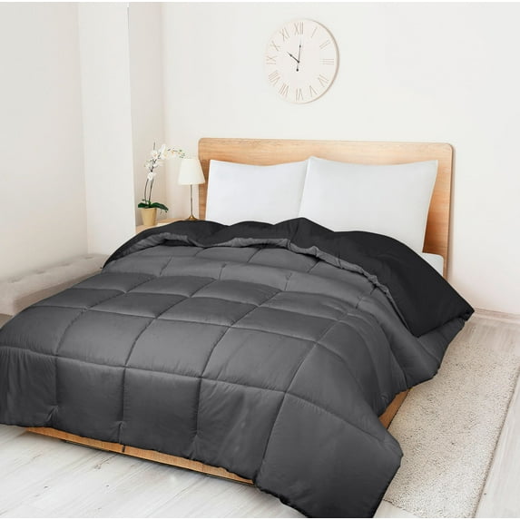ROYALE Queen Comforter - All Season Down Alternative Bedding Comforters - Lightweight Quilted Comforter with Corner Tabs- Soft Luxury Hotel Comforters- Box Stitched Duvet Insert (Queen, Black & Grey)
