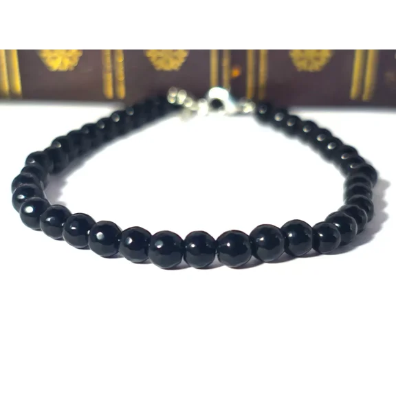 ROYALGEMSTONE Black Onyx Beaded Bracelet Natural Stone Sterling Silver Clasp Gemstone Bracelet