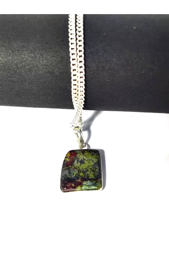 Natural Dragon Blood Jasper Pendant Necklace, Sterling Silver Chain, Square