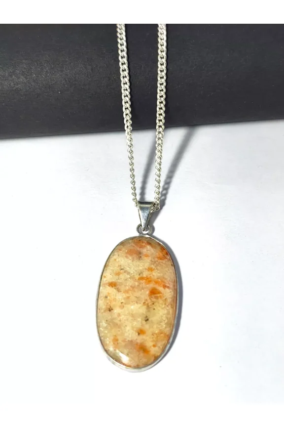 Natural Sunstone Oval Pendant Necklace, Sterling Silver Chain, Orange Crystal
