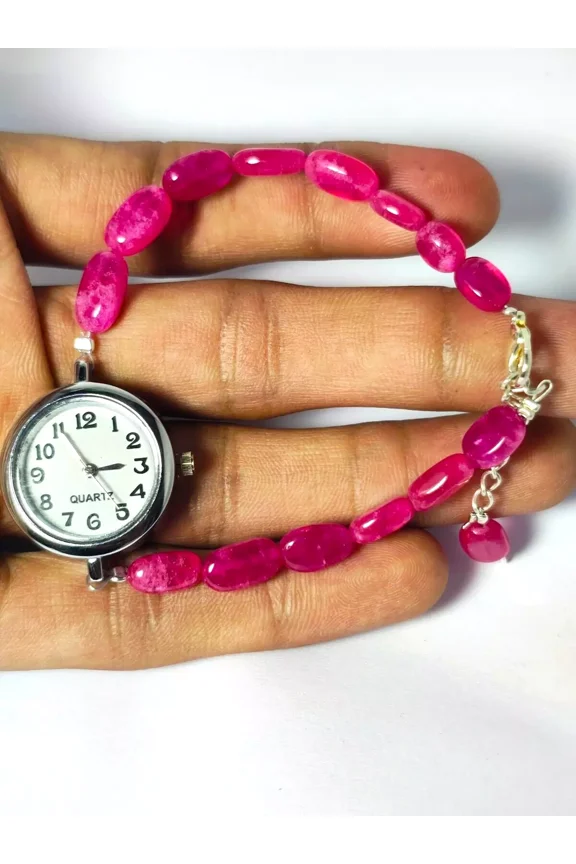 Silver women's watch, Ruby Watch Pink Bracelet, simple small dial watch