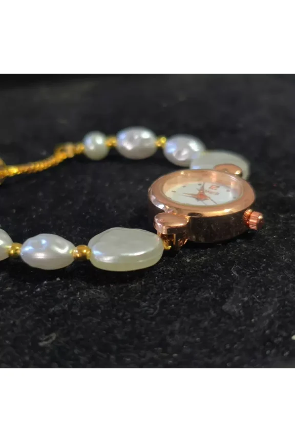 Small Gold Wrist Watch, White Watch, Gold Watch, Women's Pearl Watch, Working