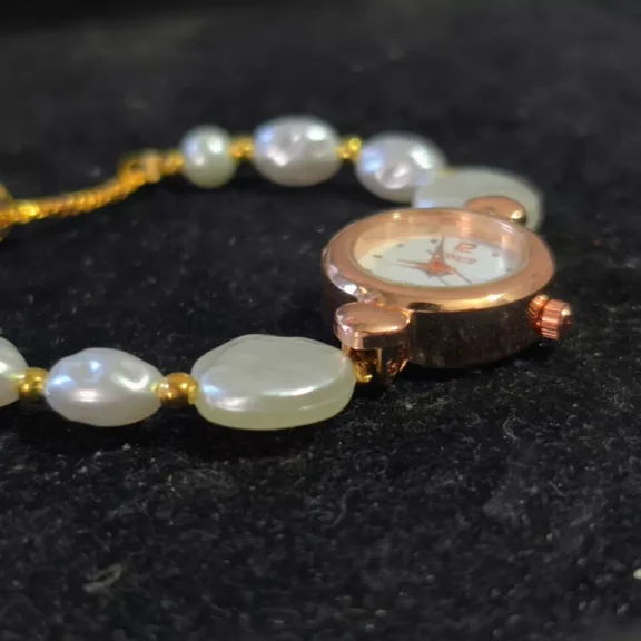 ROYALGEMSTONE Small Gold Wrist Watch, White Watch, Gold Watch, Women's Pearl Watch, Working
