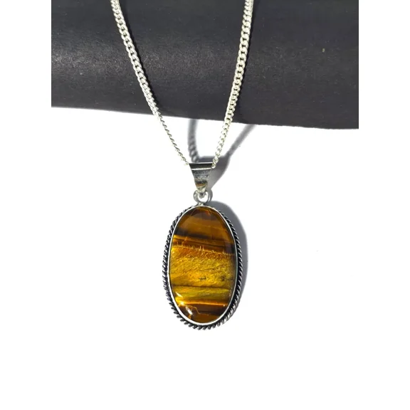 ROYALGEMSTONE Sterling Silver Tiger's Eye Pendant Necklace, Oval Natural Stone, Rope Edge