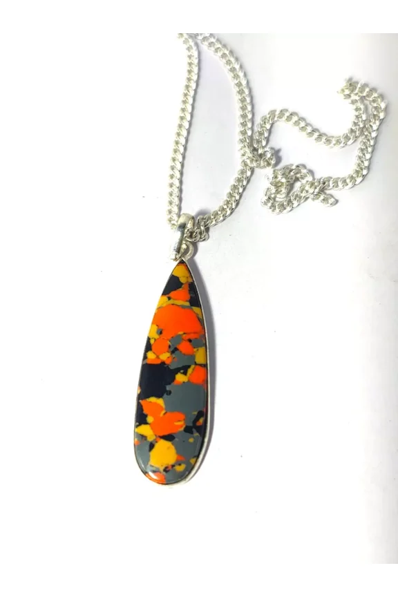 Teardrop Pendant Necklace with Orange and Yellow Abstract Pattern, Silver Chain