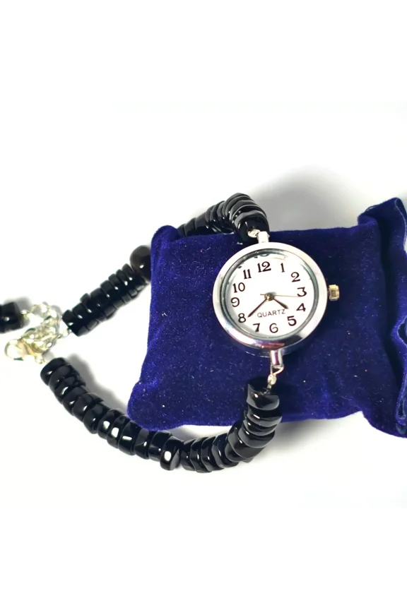 Woman Wrist Watch, Natural Black Onyx Watch, Round Watch Bracelet, Black Watch