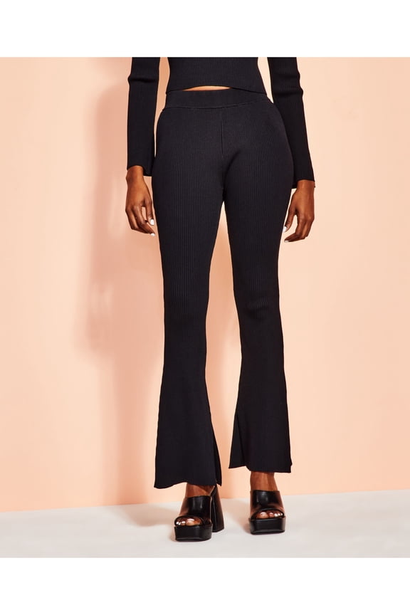 Womens Black Ribbed Pull-on Flared Slitted Cuffs High Waist Pants 2XL