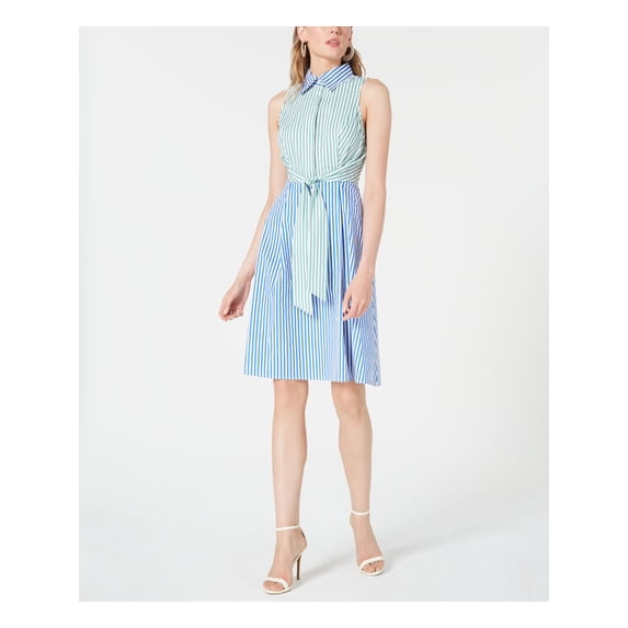 ROYALTY Womens Blue Striped Sleeveless Knee Length Shirt Dress Size: M