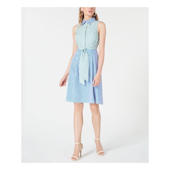 ROYALTY Womens Blue Striped Sleeveless Knee Length Shirt Dress Size: XS