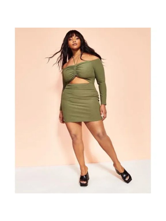 Womens Green Ruched Textured Tie Sheer Unlined Cutout Long Sleeve Halter Mini Cocktail Body Con Dress XXXL