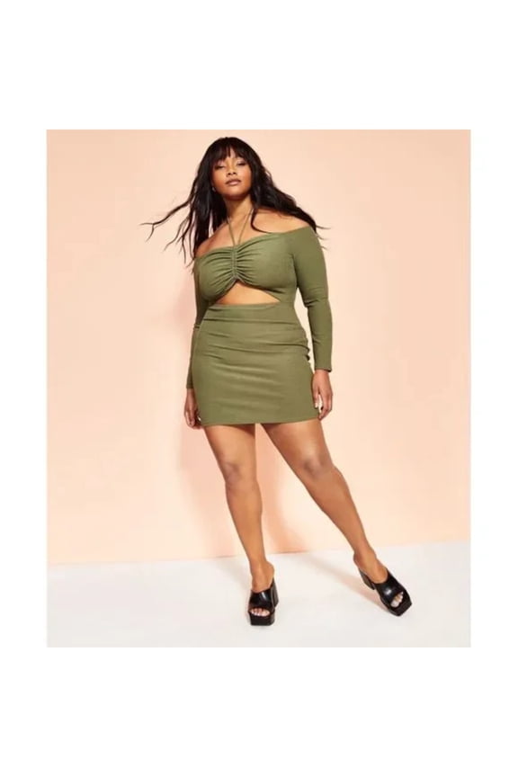 Womens Green Ruched Textured Tie Sheer Unlined Cutout Long Sleeve Halter Mini Cocktail Body Con Dress XXXL
