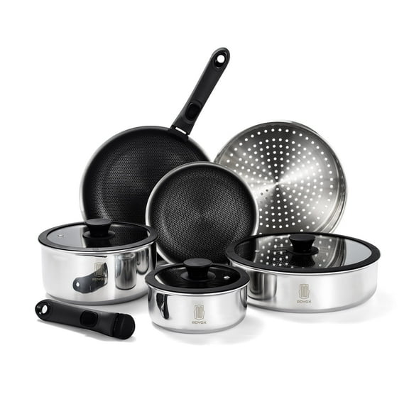 ROYDX Hybrid Nonstick Cookware Set 19-Piece Stainless Steel Pots and Pans Set with Removable Handles