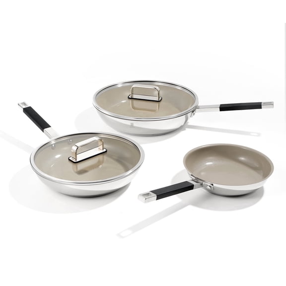 ROYDX Stainless Steel Fry Pan Set Titanium Ceramic Non Stick Frying Pan with Lid 8", 10" and 12" Oil Gather Pro