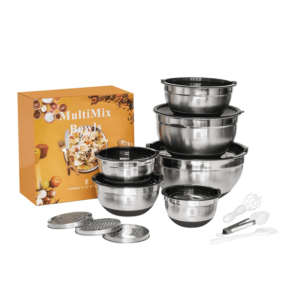 RD ROYDX Stainless Steel Nesting Mixing Bowl Set with Lids and 3 Grater Attachments 19 Piece