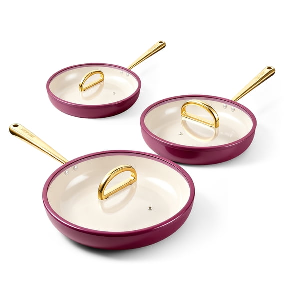 ROYDX Titanium Ceramic Nonstick Fry Pan Set 8", 10" and 12" Frying Pan Skillet Set with Glass Lids-Non Toxic Oven Dishwasher Safe & Compatible with All Stovetops-Dark Purple