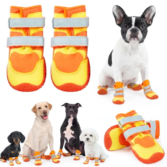 ROZKITCH 4PCS Dog Boots,Anti-Slip Adjustable Small Dog Shoes for Hot Pavement Hardwood Floors Winter Snow Hiking with Reflective Straps,YellowOrange,#1
