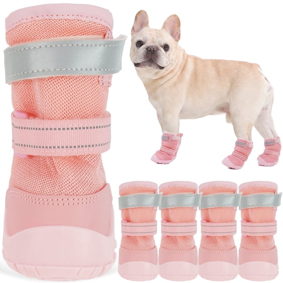 ROZKITCH 4PCS Dog Shoes for Hot Pavement Breathable Anti-Slip Reflective Summer Dog Booties for Walking Running Paw Protectors for Small Medium Large Dogs,Pink,#4