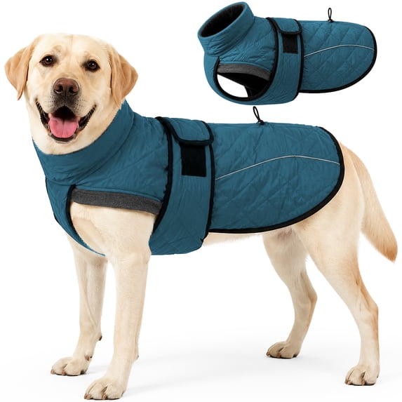 ROZKITCH Dog Winter Coat,Adjustable Dog Jacket with Thick Turtleneck for Large Dogs,Windproof Pet Fleece Vest,Reflective Pet Snow Coat for Hiking,Camping,Blue,3XL