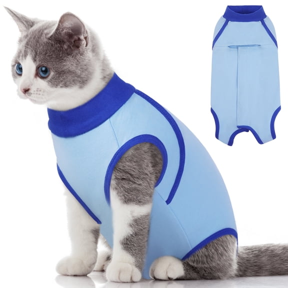 ROZKITCH Soft Cat Recovery Suit Cat Onesie after Surgery with Hook and Loop Cat Cone Alternative Wound Protection Post-Surgery Skin Diseases, Blue, M