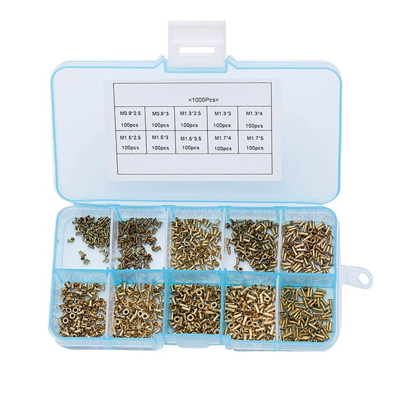 1000 PCS Tubular Rivets M0.9 M1.3 M1.5 M1.7 Hollow Rivet Nuts Assortment Kit