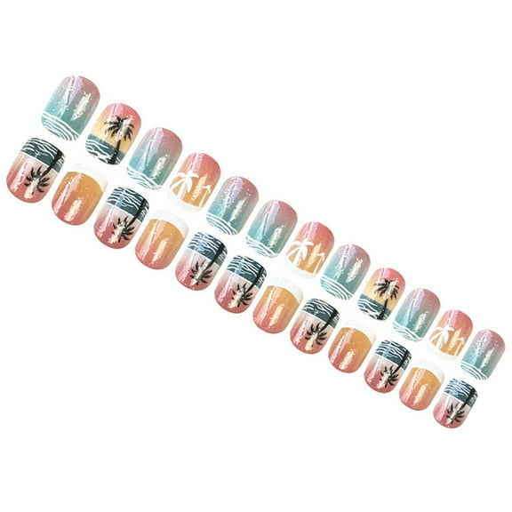ROZYARD 24 Pcs Coconut Tree Press On Nail Summer Stick on Nail Short Square False Nai