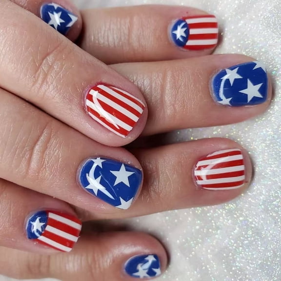 ROZYARD 24x Star Artificial Nail Short Square Press On Nail Independence Day False Nail