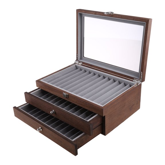 ROZYARD 34 Pieces Wood Pen Box 3 Levels with Drawers Fountain Pen Display Organizer Box