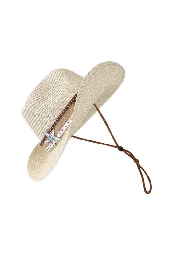 Ethnic Weaving Straw Hat for Girl Traveling Adjustable Chin Rope Cowboy Hat