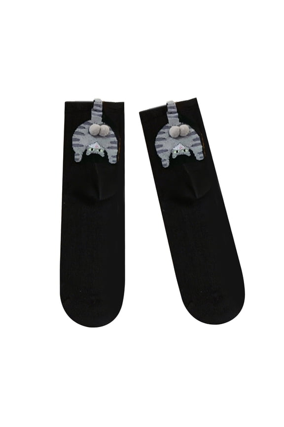 Cartoon Cats Socks Reinforced Heel Toe Crew Socks with 3D Fuzzy Balls Design
