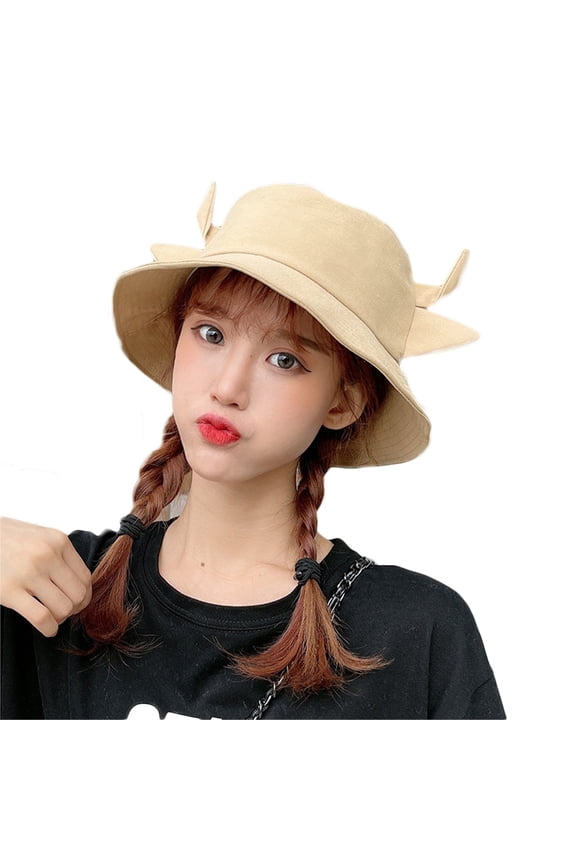 Cotton Bucket Hat Unisex Trendy Lightweight Outdoor Hip Hop Milk Cow Summer Vacation Ox Horn Ears Fisherman Cap Headwear