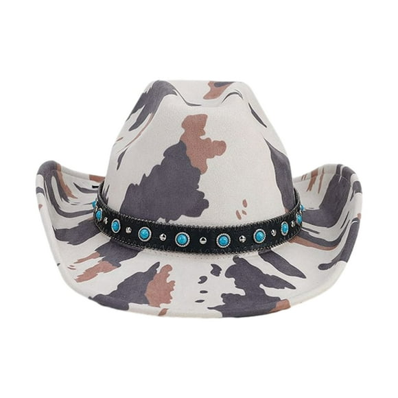 ROZYARD Curved Brim Woman Men Fedoras Hat for Spring Summer Elegant Lady Trilby Felt Church Thicken Hat Windproof for Fashion Thicken Cowgirl Hat with Cow Print Pattern Western Style Hat Windproof