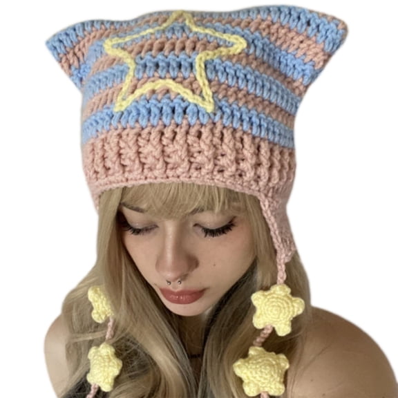 ROZYARD Cute Y2K-style Cat Ear Hat Little Devil Knitted Hat Slouchy Beanies for Women