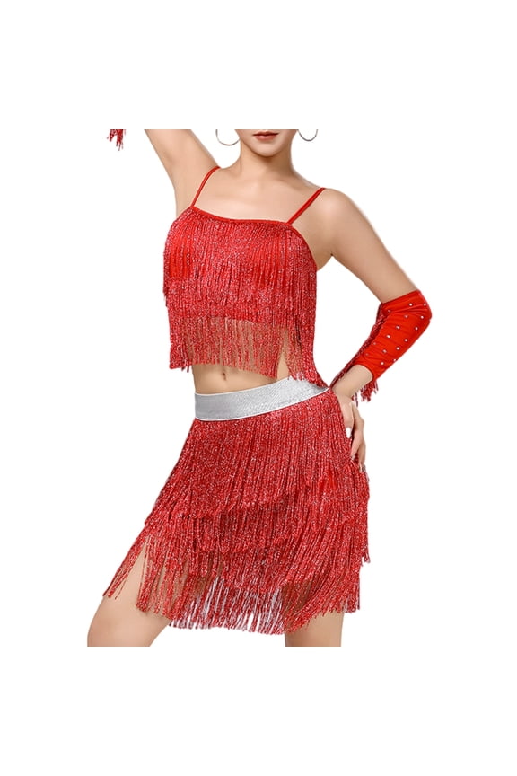 Dynamic Latin Dance Dress Set Stretchy Fabric Dancewear with Fringed Charm