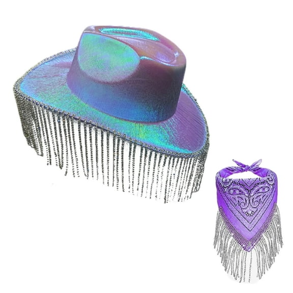 ROZYARD Elegant Cowboy Hat and Kerchief Set Cowgirl Costume Wide Brim Size Cowboy Flickering Rhinestones