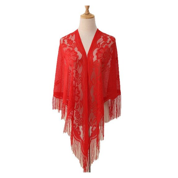 ROZYARD Fashionable Sheer Shawl Triangle Lace Tassels Cover Wrap for Lady Spring Outfit