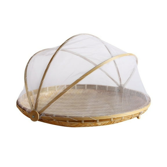 Handmade Bamboo Woven Fruit Vegetable Basket with Mosquito Bug Proof Net Round