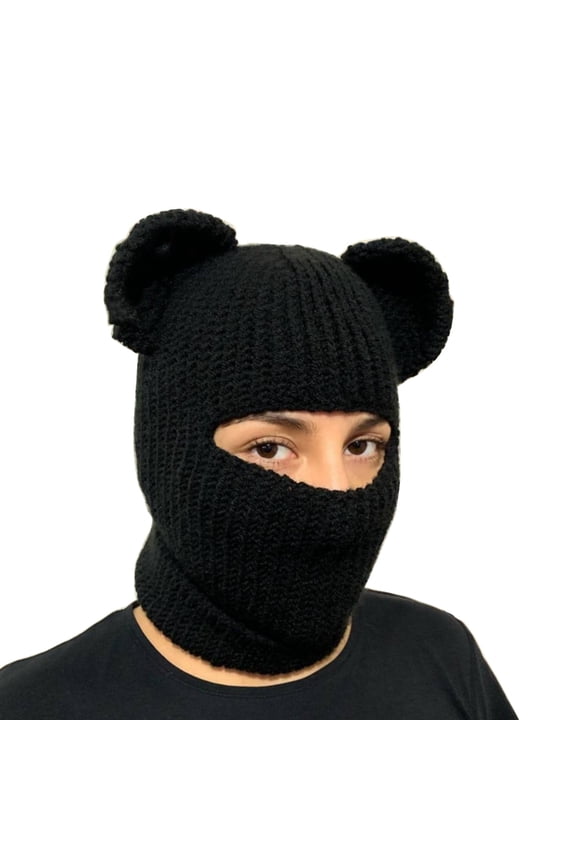 Handmade Bear Ear Hat Knitted Balaclava Cap Beanie Hat Teens Girl Face Cap