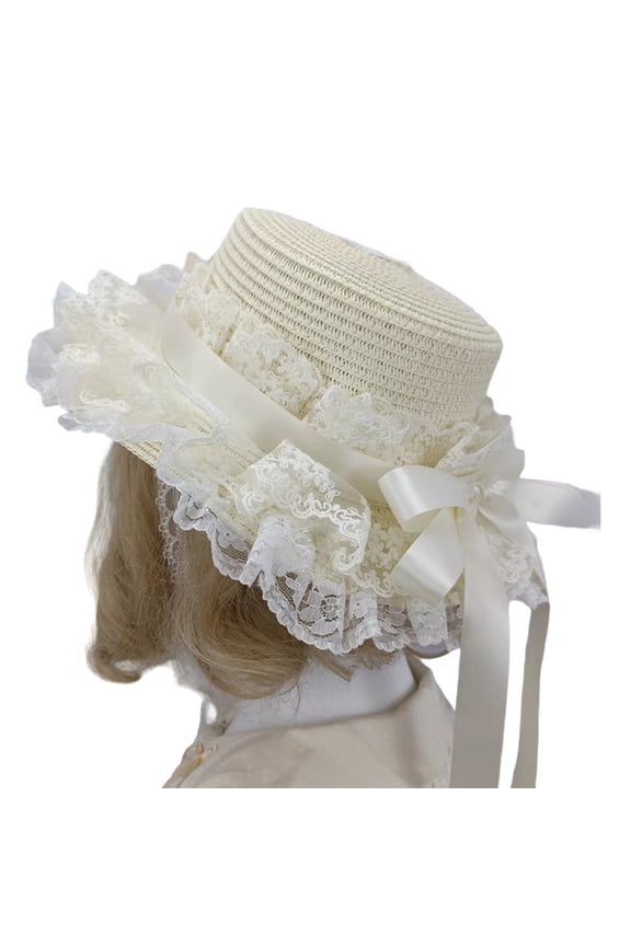 Handmade Victorian Bonnet Hat With Lace Trim Ribbon Bowknot Straw Sun Hat For Fashion Enthusiast Teaparty Costume Props