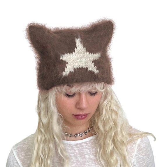 ROZYARD Handwoven Star Patched Hat Winter Plush Hat Fashion Y2K Devil Horn Beanie Cap for Teens Girl Women Street Snap Headwear
