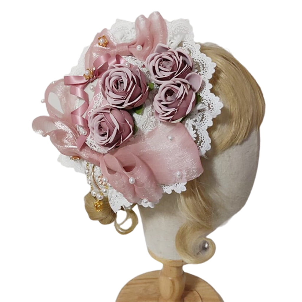 ROZYARD Lolita Lace Bonnet Top Hat Shiny Bow Rose Flower Pendant Kawaii Hair Accessories