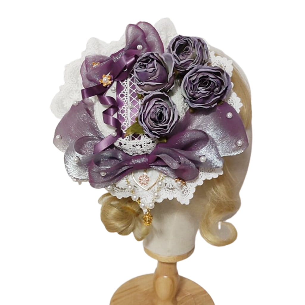 ROZYARD Lolita Lace Bonnet Top Hat Shiny Bow Rose Flower Pendant Kawaii Hair Accessories