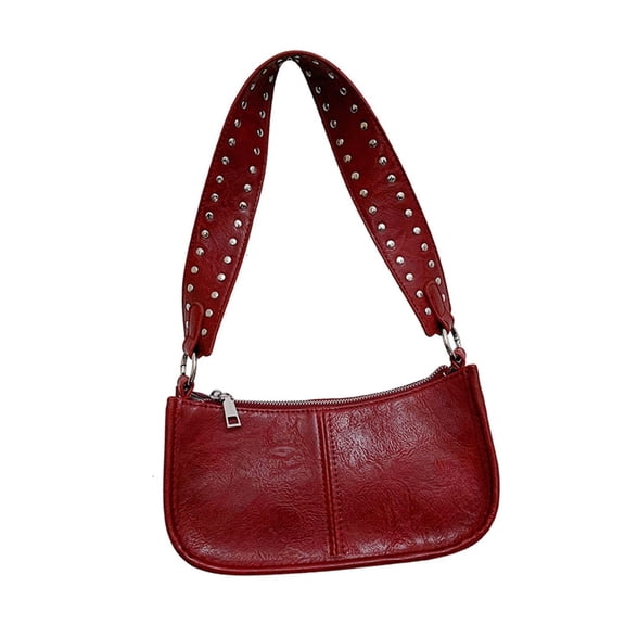ROZYARD Minimalists PU Handbag for Women Rivets Wide Shoulder Strap Bag Purse