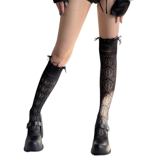 ROZYARD Openwork Knitted Over Calf Socks Breathable Solid Color Tassels Lace Socks