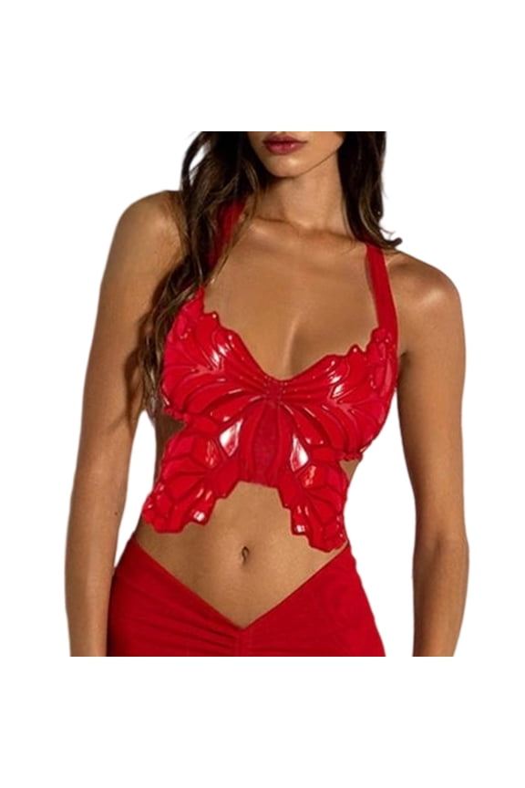 Printed Butterfly Crop Top Halter Backless Strappy Cami Tank Top Streetwear