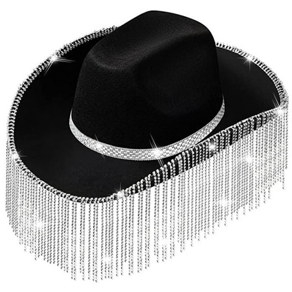 ROZYARD Rhinestones Cowgirl Hats Glitter Rave Cow Girl Hat with Rhinestones Fringe Size Cowboy Hat for Party 3 Color