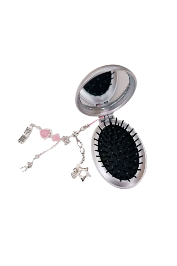 Rhinestones Makeup Mirror Keychain with Foldable Comb Pendant Plastic Texture